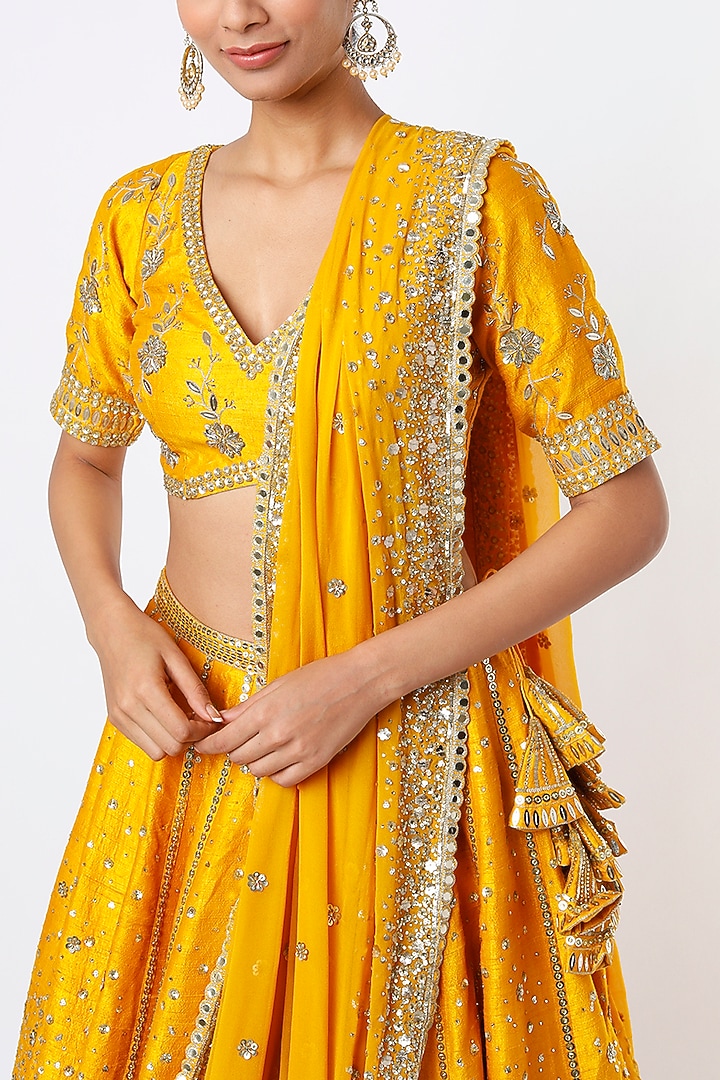 Mustard Zardosi Embroidered Bridal Lehenga Set by Prevasu at Pernia's Pop Up Shop