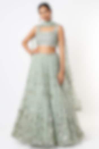 Mint Sequins Embroidered Wedding Lehenga Set by Prevasu at Pernia's Pop Up Shop