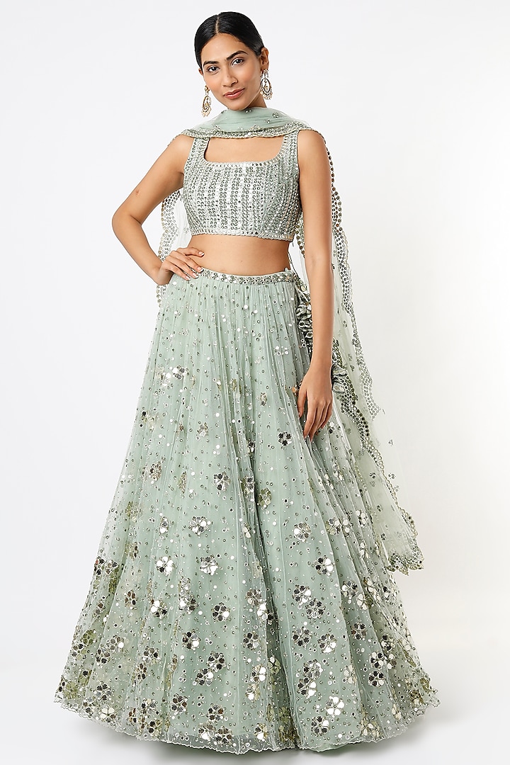 Mint Sequins Embroidered Wedding Lehenga Set by Prevasu at Pernia's Pop Up Shop