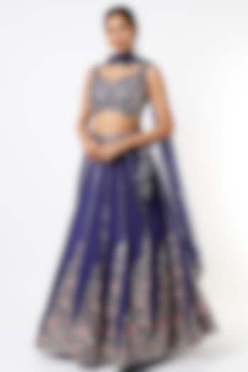 Royal Blue Embroidered Wedding Lehenga Set by Prevasu at Pernia's Pop Up Shop