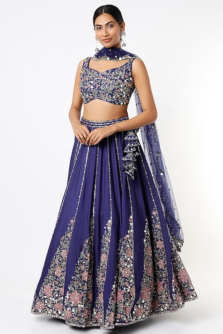Royal Blue Embroidered Wedding Lehenga Set by Prevasu at Pernia's Pop Up Shop