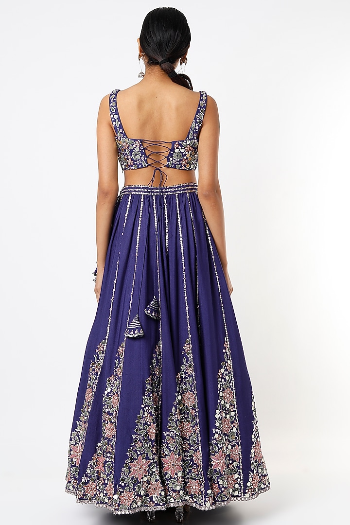 Royal Blue Embroidered Wedding Lehenga Set by Prevasu at Pernia's Pop Up Shop
