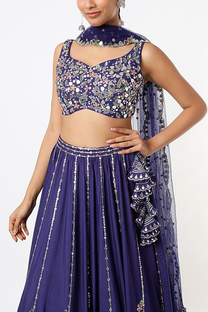 Royal Blue Embroidered Wedding Lehenga Set by Prevasu at Pernia's Pop Up Shop