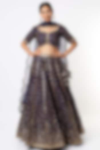 Deep Blue Embroidered Bridal Lehenga Set by Prevasu at Pernia's Pop Up Shop
