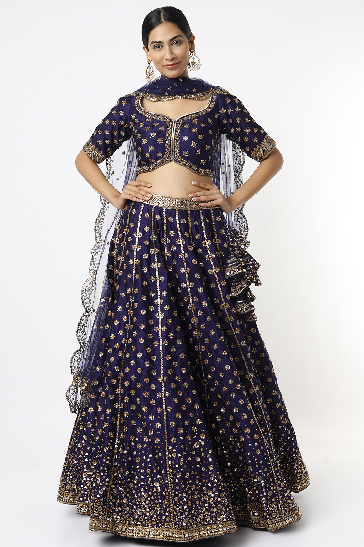 Deep Blue Embroidered Bridal Lehenga Set by Prevasu at Pernia's Pop Up Shop