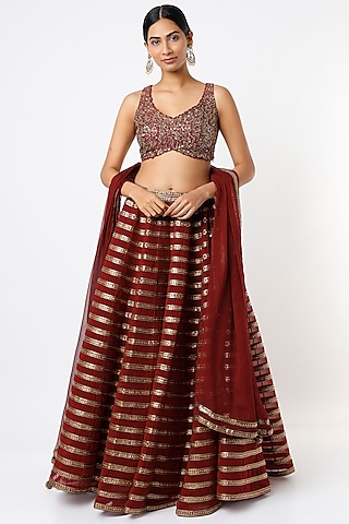 Maroon Hand Embroidered Lehenga Set by Prevasu
