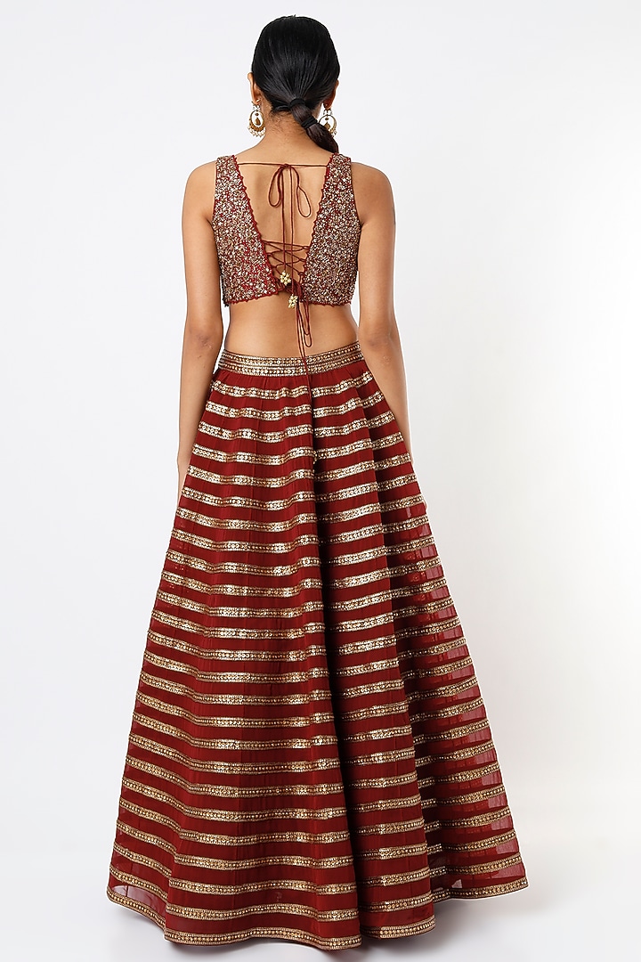 Maroon Hand Embroidered Wedding Lehenga Set by Prevasu at Pernia's Pop Up Shop