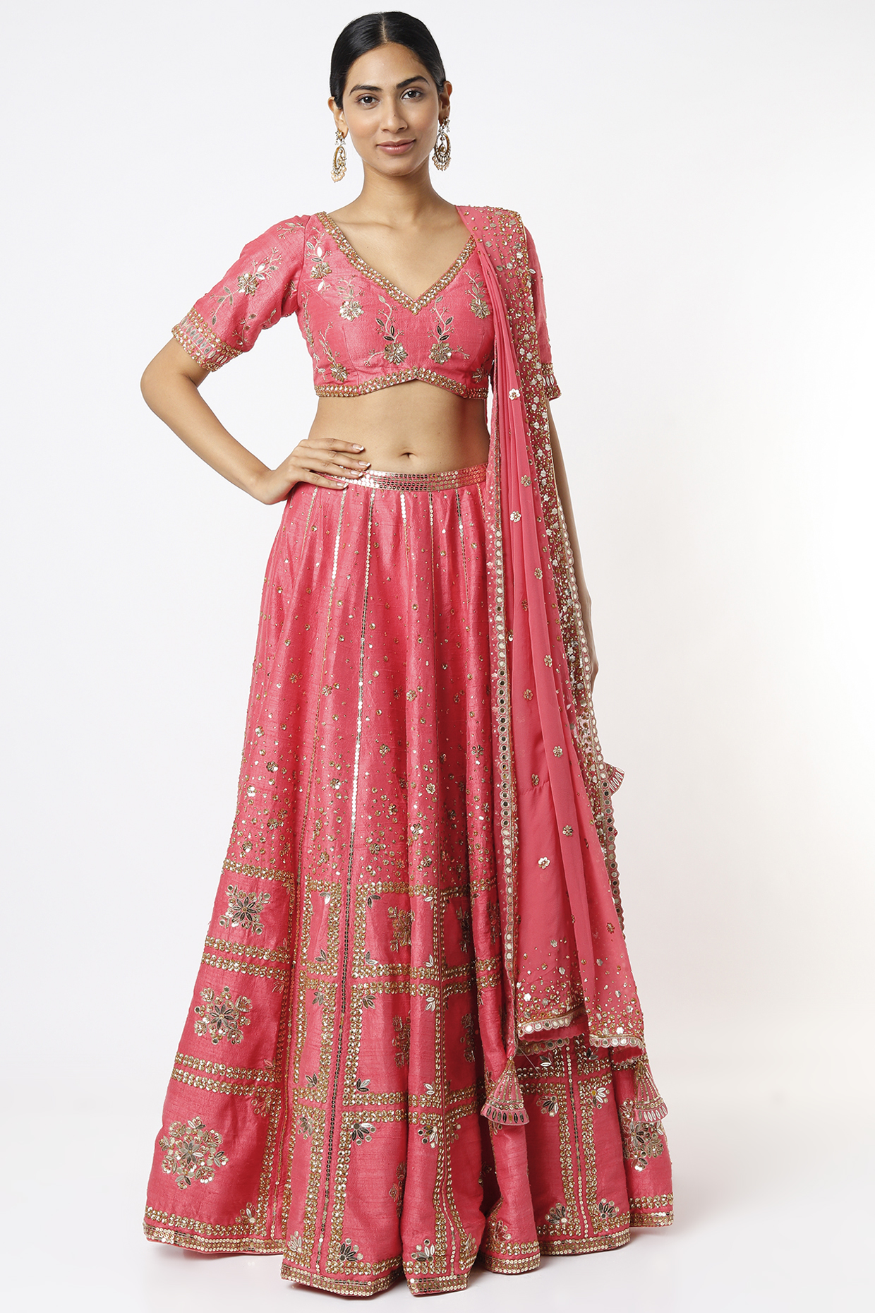 Pop Pink Hand Embroidered Lehenga Set by Prevasu