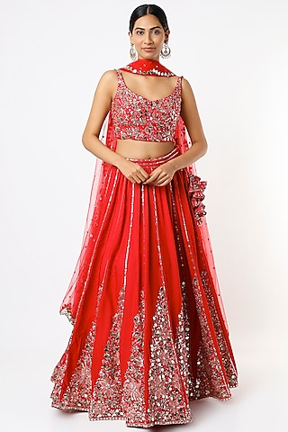 Cherry Red Embroidered Lehenga Set by Prevasu