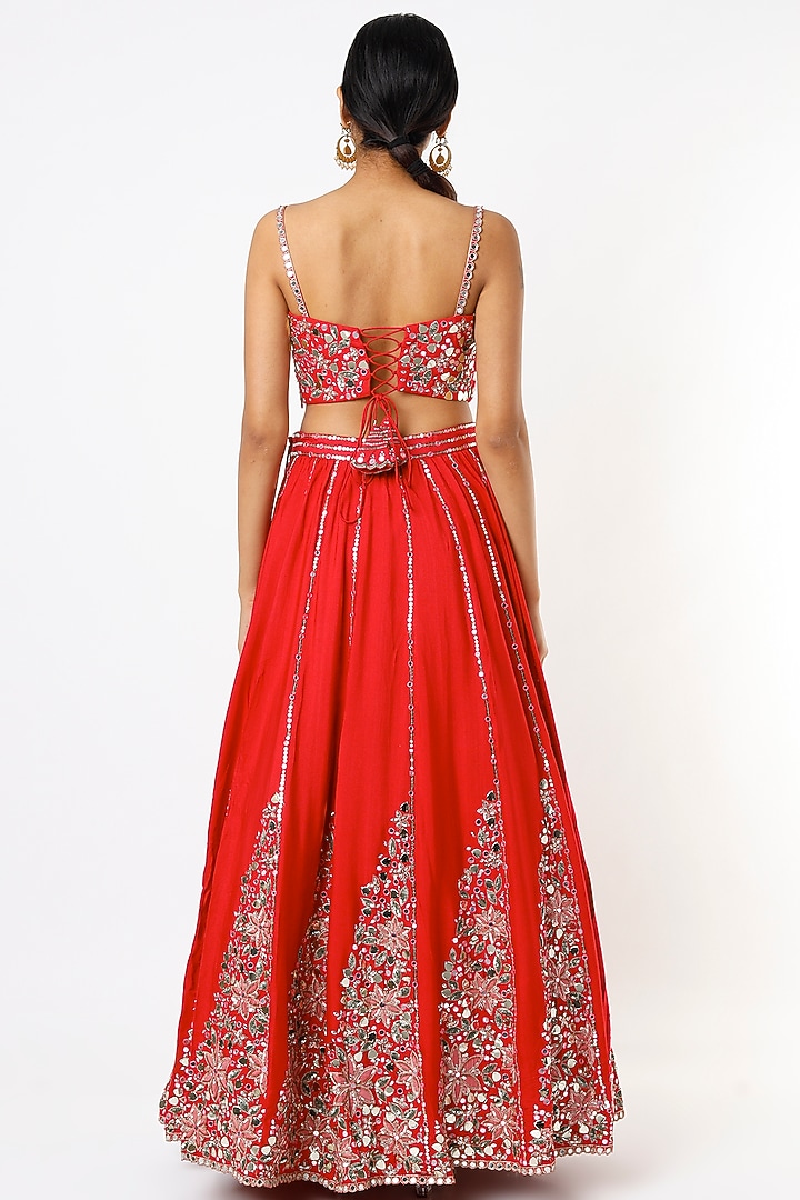 Cherry Red Embroidered Wedding Lehenga Set by Prevasu at Pernia's Pop Up Shop