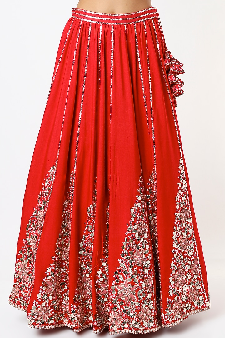 Cherry Red Embroidered Wedding Lehenga Set by Prevasu at Pernia's Pop Up Shop