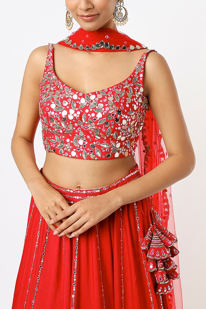 Cherry Red Embroidered Wedding Lehenga Set by Prevasu at Pernia's Pop Up Shop