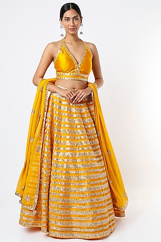 Mustard Embroidered Lehenga Set by Prevasu