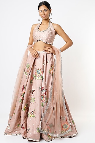 Blush Pink Embroidered Lehenga Set by Prevasu
