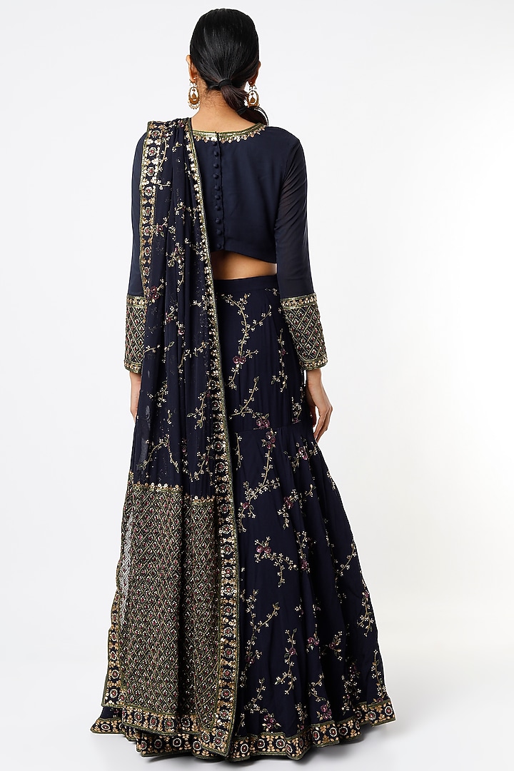 Navy Georgette Sequins & Zardosi Embroidered Reception Lehenga Saree Set by Prevasu at Pernia's Pop Up Shop