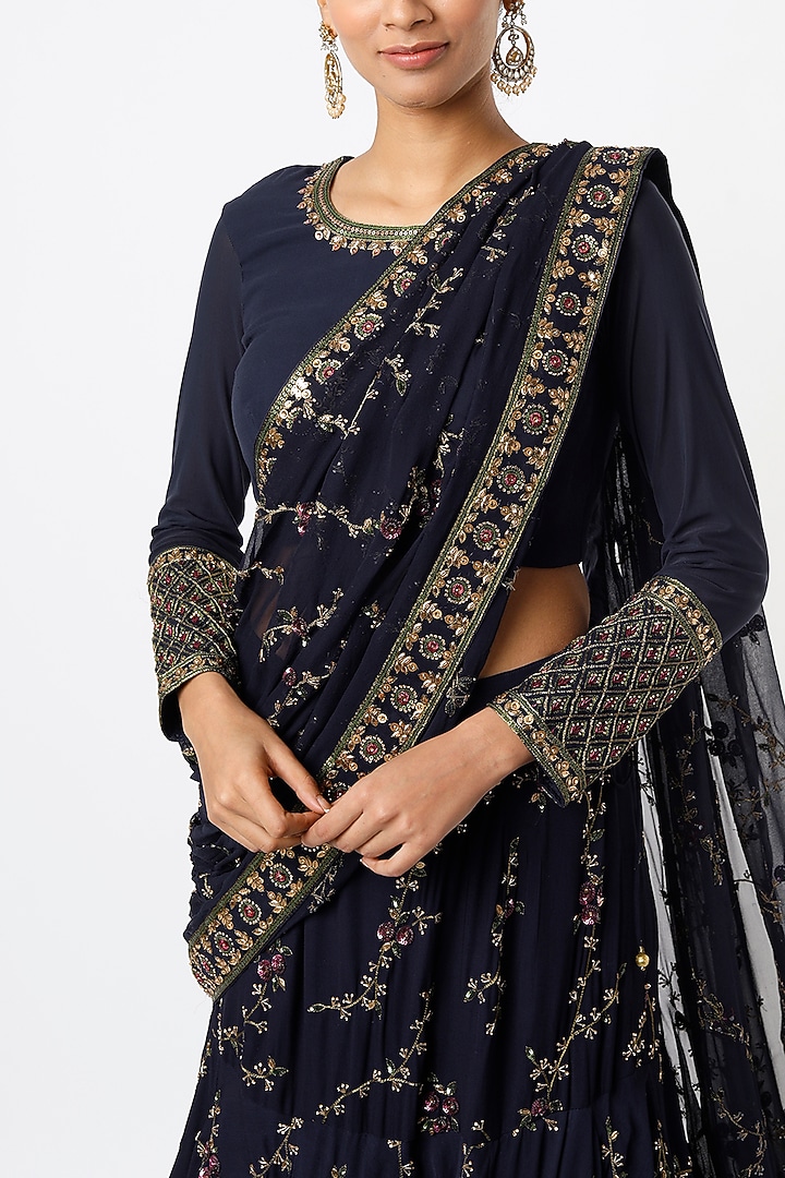 Navy Georgette Sequins & Zardosi Embroidered Reception Lehenga Saree Set by Prevasu at Pernia's Pop Up Shop