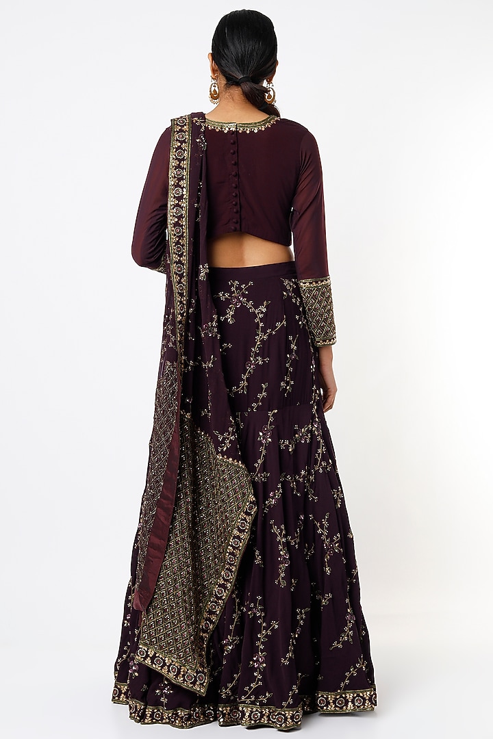 Wine Georgette Zardosi Embroidered Reception Lehenga Saree Set by Prevasu at Pernia's Pop Up Shop
