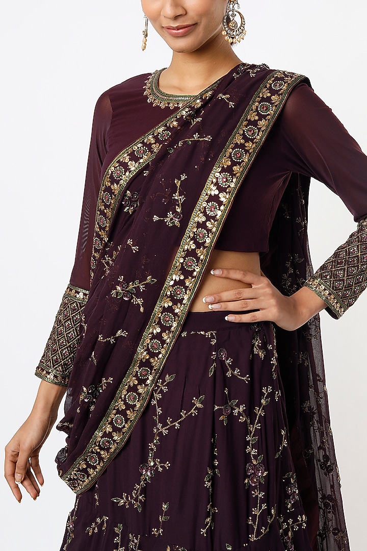 Wine Georgette Zardosi Embroidered Reception Lehenga Saree Set by Prevasu at Pernia's Pop Up Shop