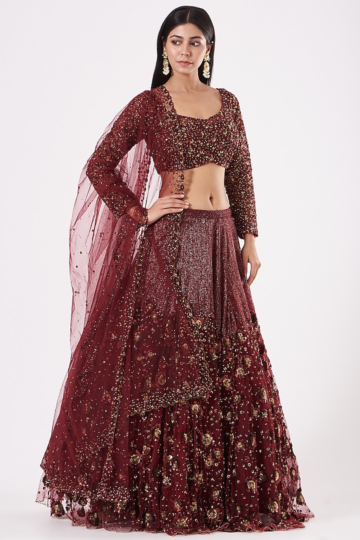 Oak Maroon Hand Embroidered Bridal Lehenga Set by Prevasu at Pernia's Pop Up Shop