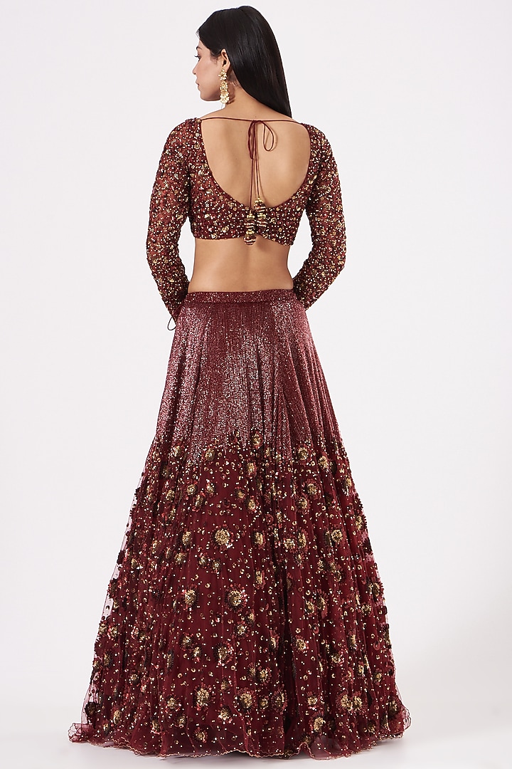 Oak Maroon Hand Embroidered Bridal Lehenga Set by Prevasu at Pernia's Pop Up Shop