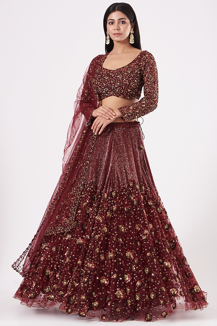 Oak Maroon Hand Embroidered Bridal Lehenga Set by Prevasu at Pernia's Pop Up Shop