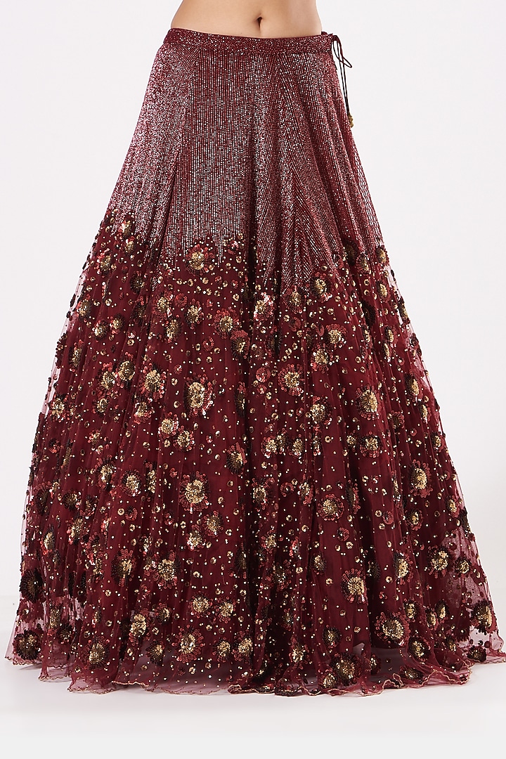 Oak Maroon Hand Embroidered Bridal Lehenga Set by Prevasu at Pernia's Pop Up Shop