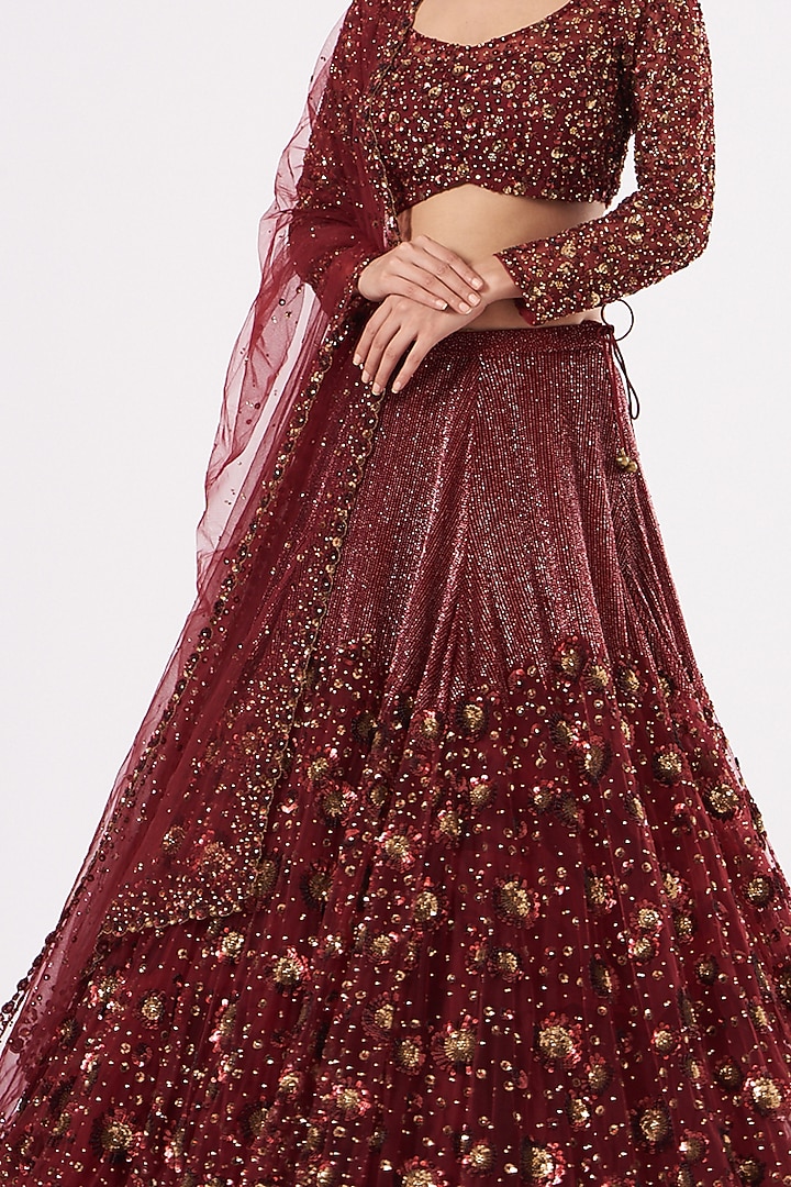 Oak Maroon Hand Embroidered Bridal Lehenga Set by Prevasu at Pernia's Pop Up Shop