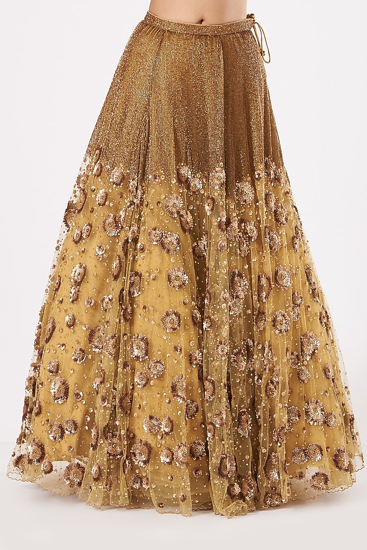 Gold Hand Embroidered Bridal Lehenga Set by Prevasu at Pernia's Pop Up Shop