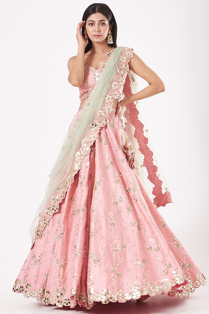 Light Pink Embroidered Lehenga Set by Prevasu