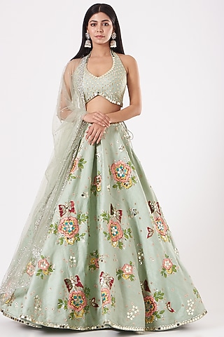 Mint Embroidered Lehenga Set by Prevasu