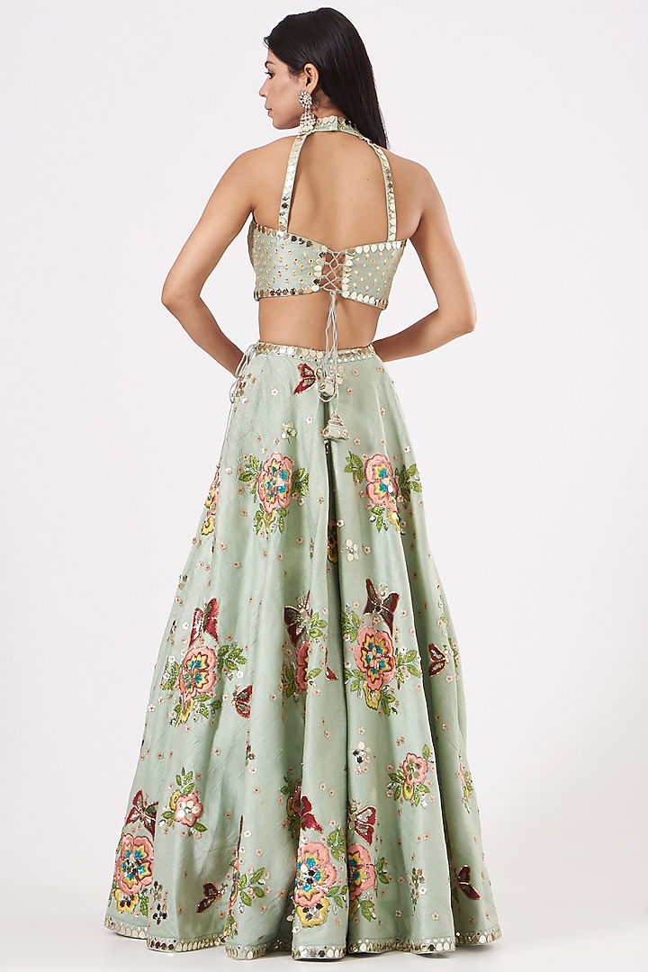 Mint Embroidered Wedding Lehenga Set by Prevasu at Pernia's Pop Up Shop