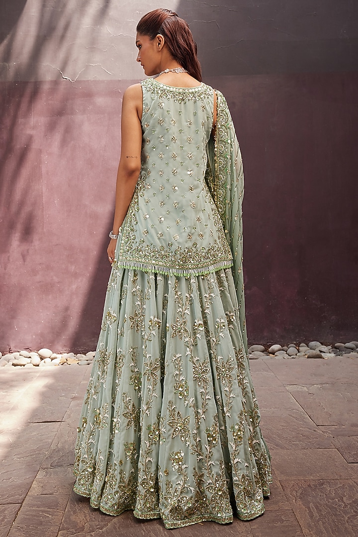 Mint Georgette Zardosi Embroidered Bridal Lehenga Set by Prevasu at Pernia's Pop Up Shop
