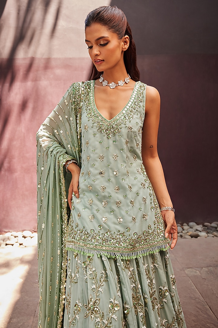 Mint Georgette Zardosi Embroidered Bridal Lehenga Set by Prevasu at Pernia's Pop Up Shop