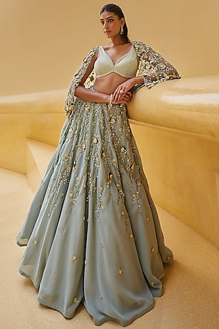 Green Georgette Embroidered Jacket Lehenga Set by Prevasu