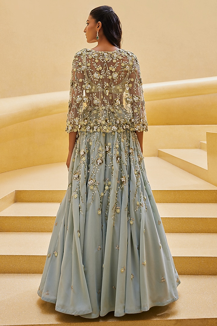 Green Georgette Embroidered Jacket Wedding Lehenga Set by Prevasu at Pernia's Pop Up Shop