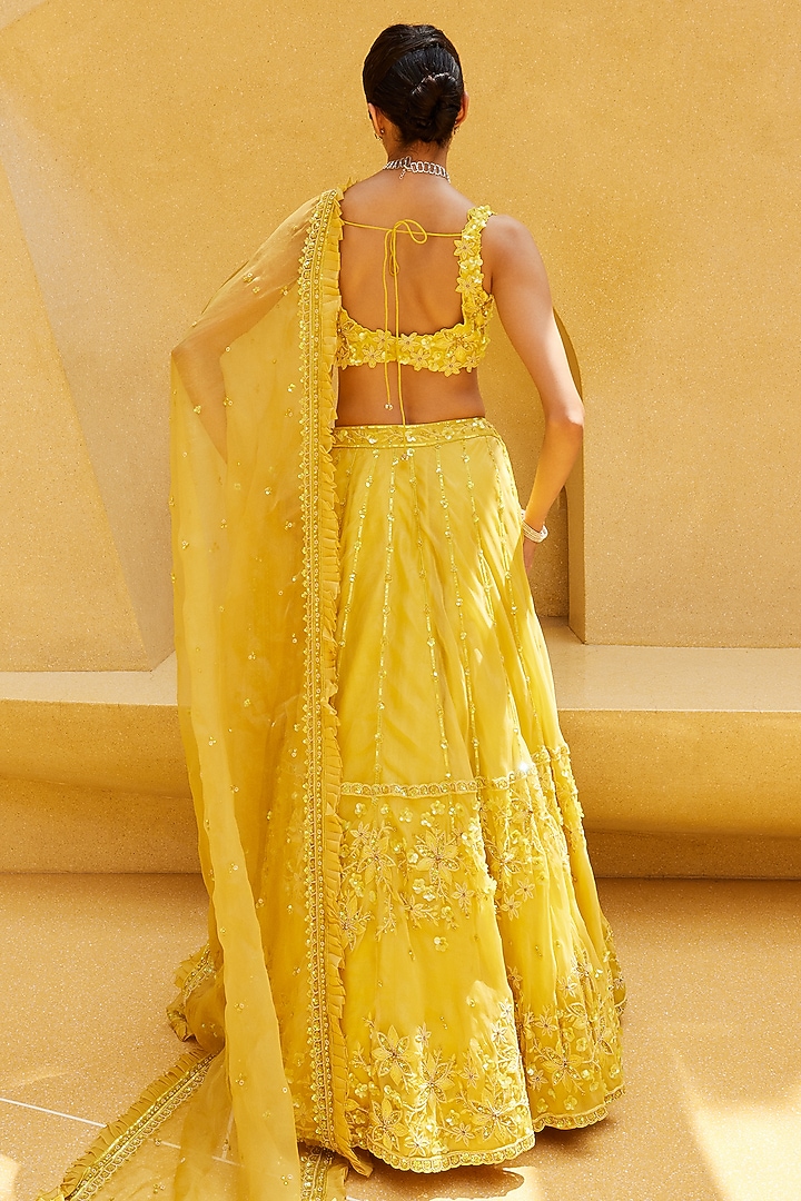 Yellow Organza Zardosi & Pearl Embroidered Bridal Lehenga Set by Prevasu at Pernia's Pop Up Shop
