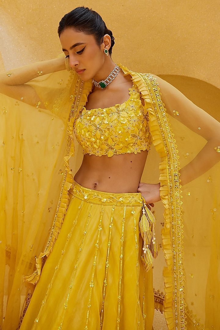 Yellow Organza Zardosi & Pearl Embroidered Bridal Lehenga Set by Prevasu at Pernia's Pop Up Shop