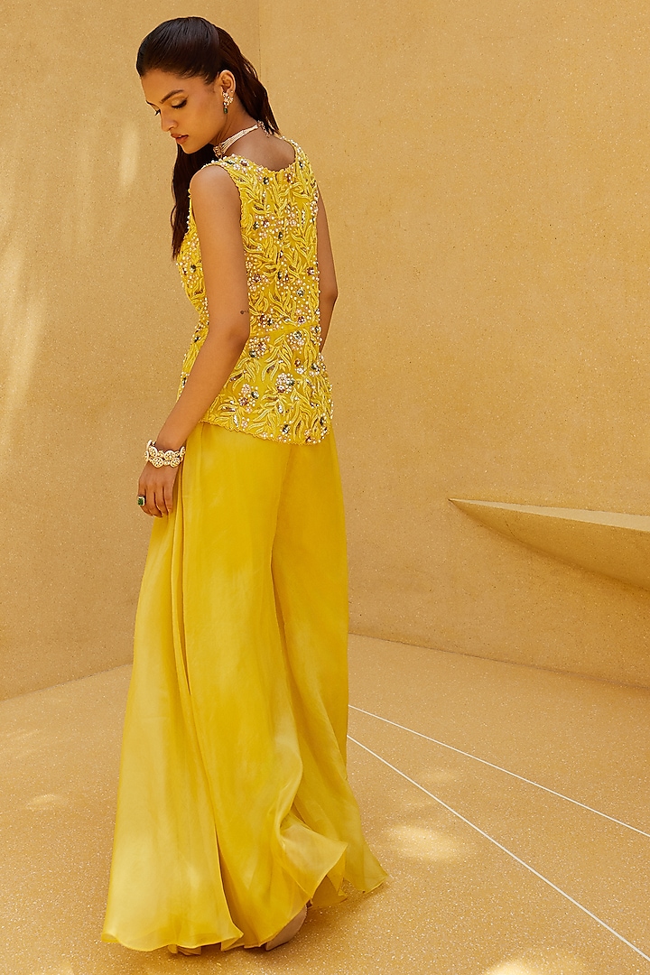 Yellow Organza Divided Skirt Set by Prevasu at Pernia's Pop Up Shop