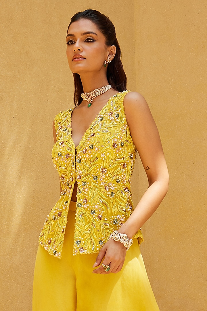 Yellow Organza Divided Skirt Set by Prevasu at Pernia's Pop Up Shop