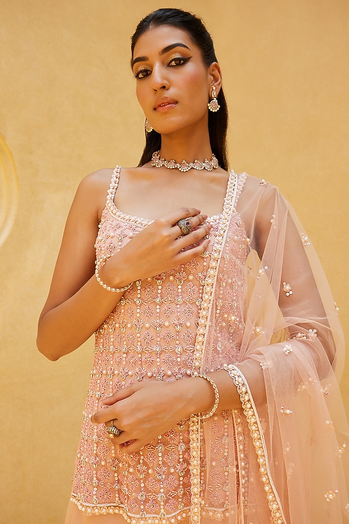 Salmon Pink Net Pearl Embroidered Kurta Set by Prevasu at Pernia's Pop Up Shop