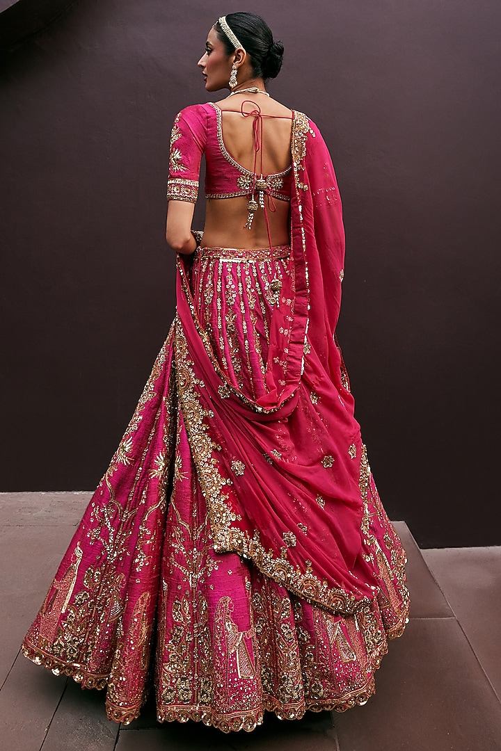Rani Pink Silk Zardosi & Sequins Embroidered Bridal Lehenga Set by Prevasu at Pernia's Pop Up Shop