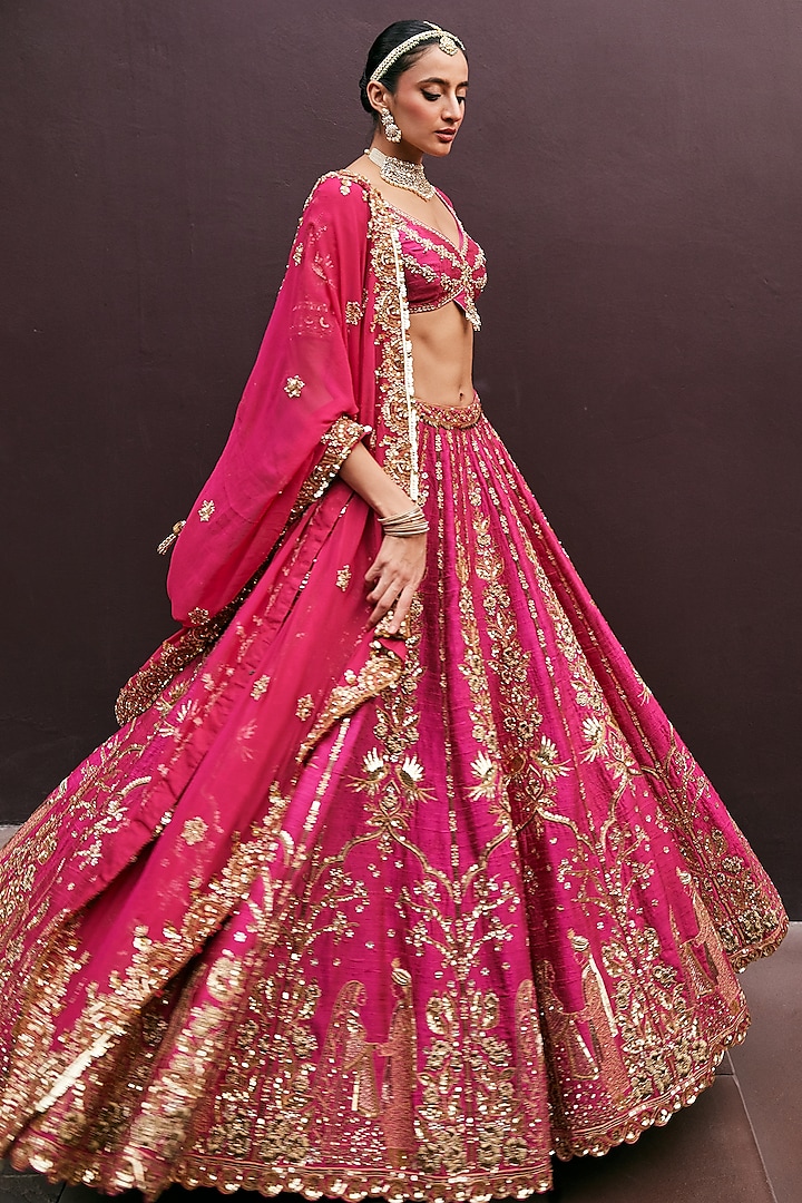Rani Pink Silk Zardosi & Sequins Embroidered Bridal Lehenga Set by Prevasu at Pernia's Pop Up Shop