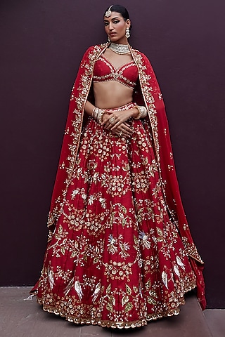 Lush Red Silk Hand Block Printed & Embroidered Lehenga Set by Prevasu