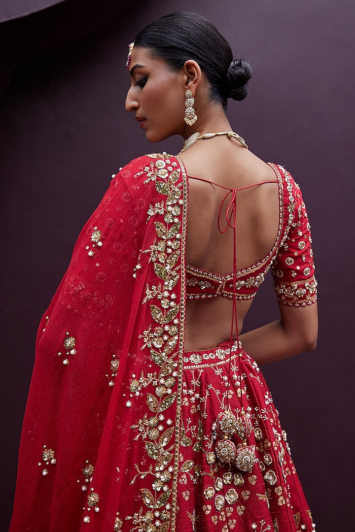 Lush Red Silk Hand Block Printed & Embroidered Bridal Lehenga Set by Prevasu at Pernia's Pop Up Shop