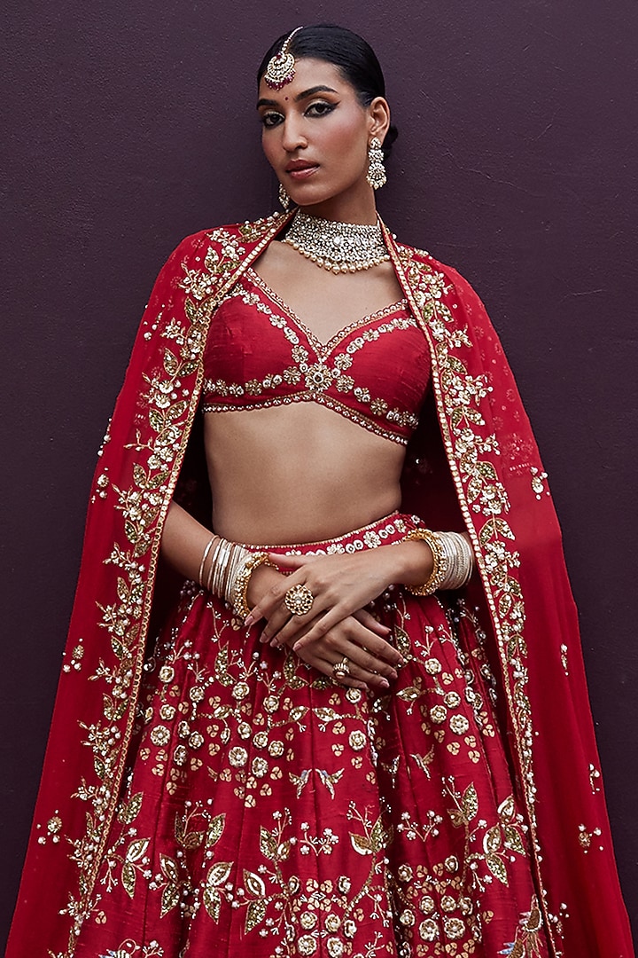 Lush Red Silk Hand Block Printed & Embroidered Bridal Lehenga Set by Prevasu at Pernia's Pop Up Shop