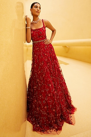 Prevasu  Royal Red Floral Embroidered Red Gown S