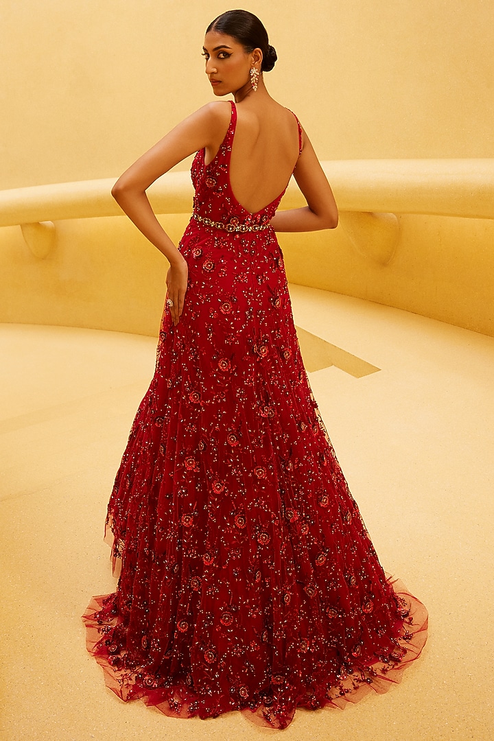 Red Net Floral Sequins & Thread Embroidered Wedding Gown by Prevasu at Pernia's Pop Up Shop