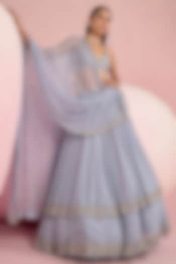 Blue Georgette Pearl Embroidered Double-Layered Wedding Lehenga Set by Prevasu at Pernia's Pop Up Shop