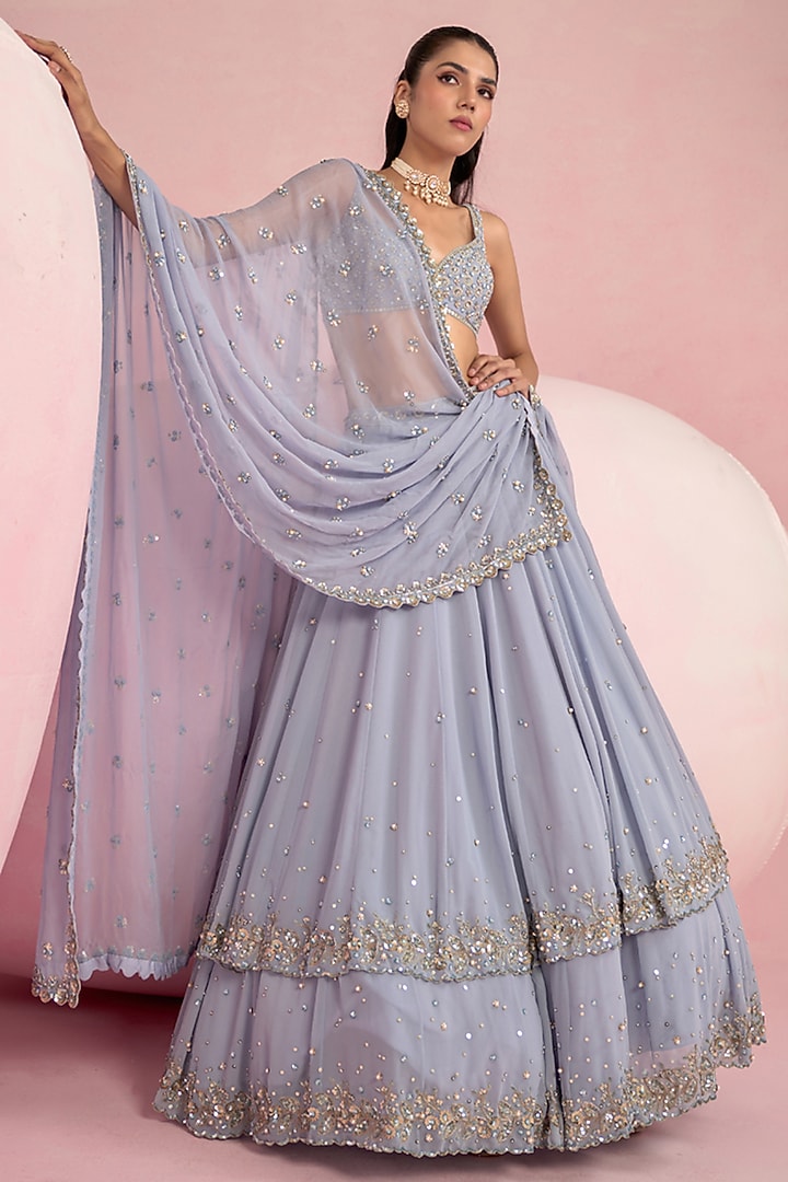 Blue Georgette Pearl Embroidered Double-Layered Wedding Lehenga Set by Prevasu at Pernia's Pop Up Shop
