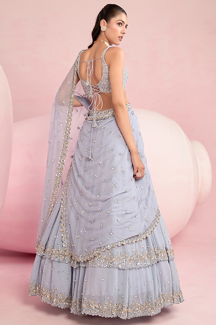 Blue Georgette Pearl Embroidered Double-Layered Wedding Lehenga Set by Prevasu at Pernia's Pop Up Shop